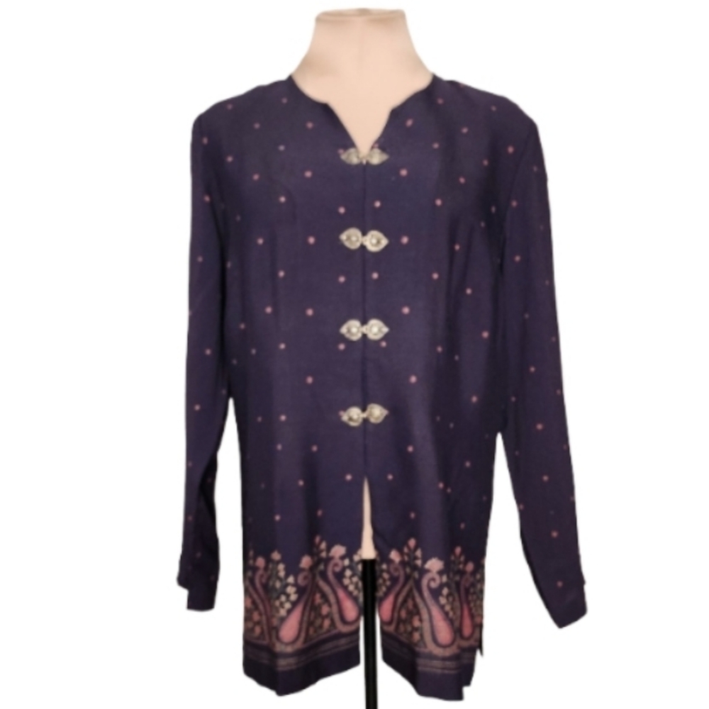 Vintage 90s Willow Ridge 12P Paisley Border‎ Blouse Jacket Navy Sunday Church